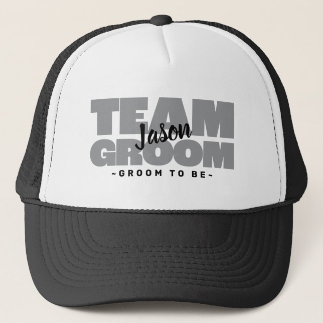 Bachelor Party Team Groom Name Grey Trucker Hat (Front)