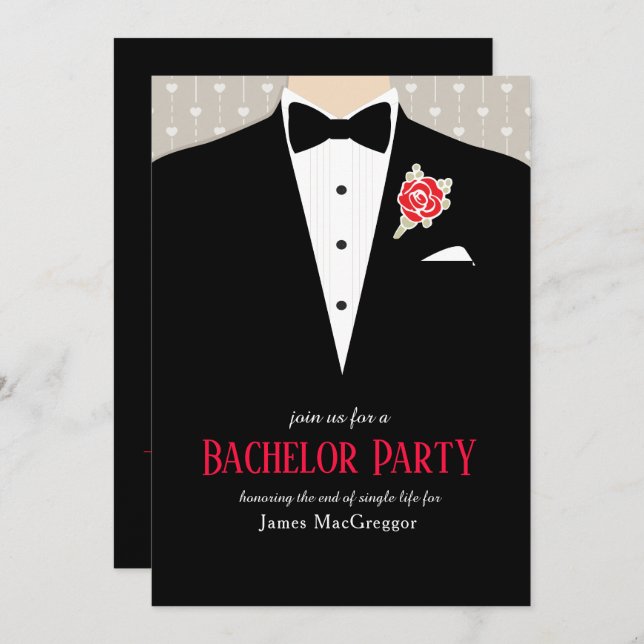 Bachelor party tuxedo red rose invitation (Front/Back)