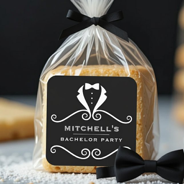 Bachelor Party Tuxedo Suit Bowtie Black & Red Square Sticker (Creator Uploaded)