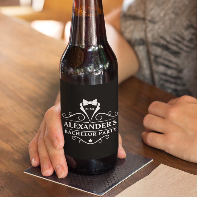 Bachelor Party Tuxedo Tie Black Beer Bottle Label (Customize to change background color, text size or text style.)