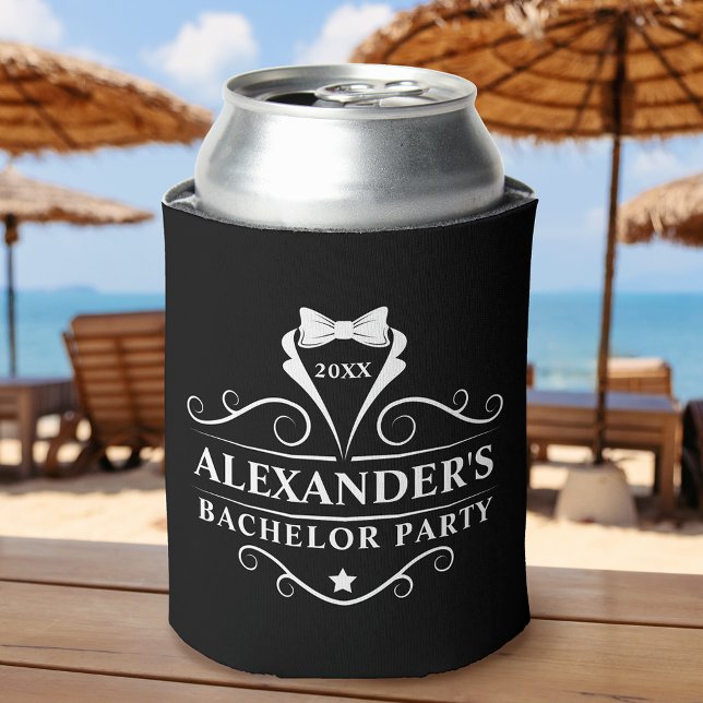 Bachelor Party Tuxedo Tie Black Can Cooler (Customize to change text size or text style.)