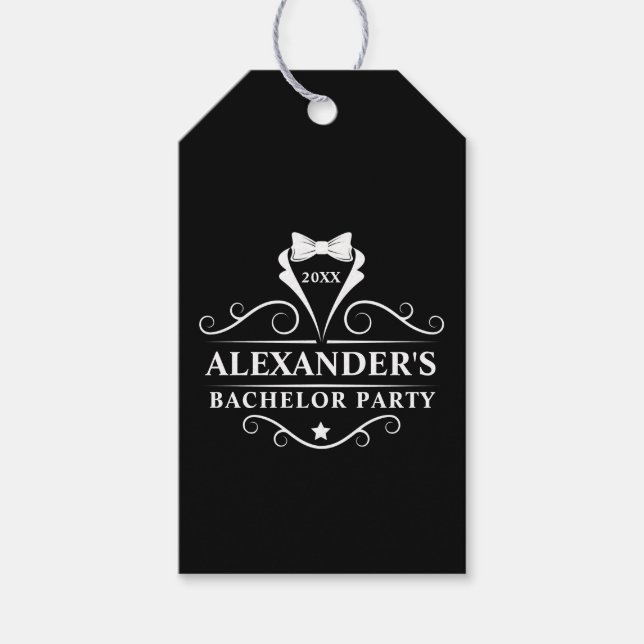 Bachelor Party Tuxedo Tie Black Gift Tags (Front)