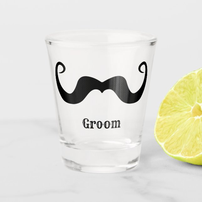 Bachelor party / wedding black curly moustache shot glass (Front)