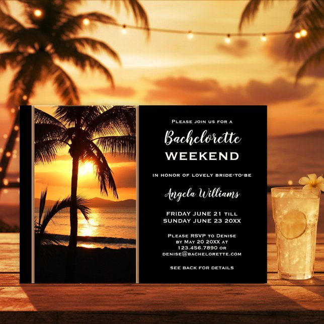 Bachelorette Beach Weekend Itinerary  Invitation (Beach bachelorette weekend itinerary template featuring a sunset at a tropical beach with palm trees)