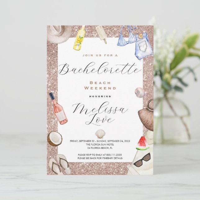 Bachelorette beach Weekend Itinerary Invitation (Standing Front)