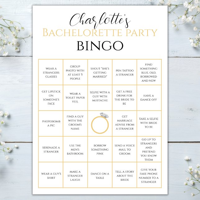Bachelorette Bingo Gold Hen Party Game Challenge Card (bachelorette bingo hen party game gold bachelorette party games party game bingo gold ring)