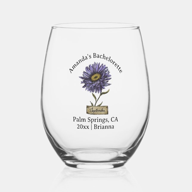Bachelorette Birth Month Flower September Aster Stemless Wine Glass (Back)