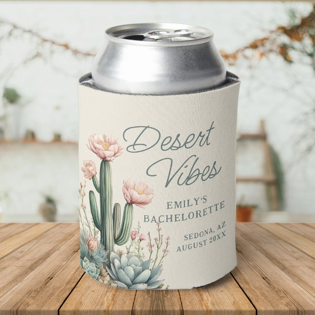 Bachelorette Blooming Cactus Succulent Desert Vibe Can Cooler (A desert-themed can cooler with cacti, succulents, and "Desert Vibes" text, set on a wooden surface.)
