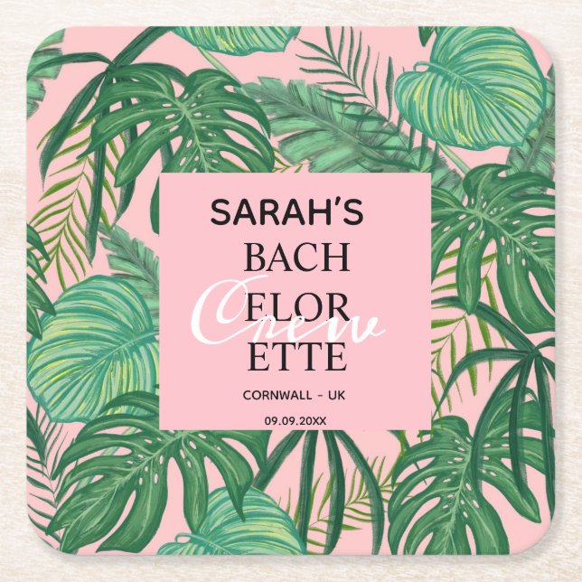 Bachelorette Bridal Party Tropical Palm Pink  Square Paper Coaster (Front)