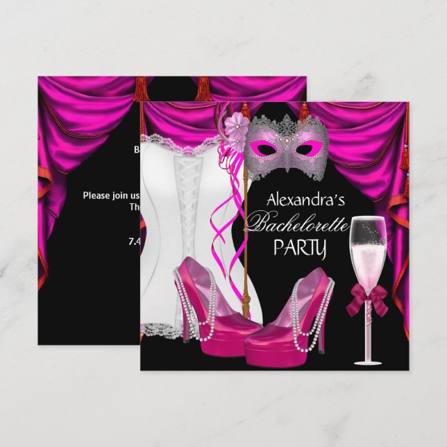 Bachelorette Corset Pink Masquerade Champagne Invitation (Front/Back)