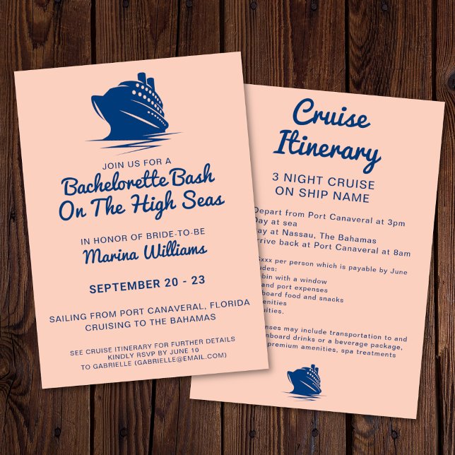 Bachelorette Cruise Ship Navy And Peach Itinerary Invitation (Bachelorette cruise invitation with itinerary. In a navy and peach color palette. )