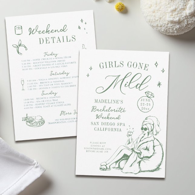 Bachelorette Girls Gone Mild Script Green Drawn Invitation (girls gone mild invitation bachelorette weekend itinerary sage green spa hand drawn script doodle)