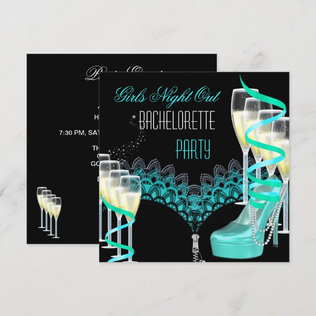 Bachelorette Girls Night Out Teal Blue Champagne Invitation (Front/Back)