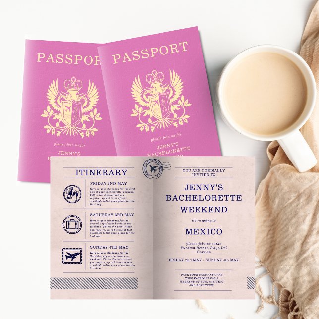 Bachelorette Hen Party Pink Passport Itinerary Invitation (Pink Bachelorette Destination Party Passport Invitation
)