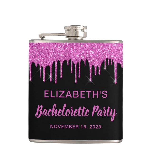 Bachelorette Hot Pink Glitter Personalised Black Hip Flask (Front)