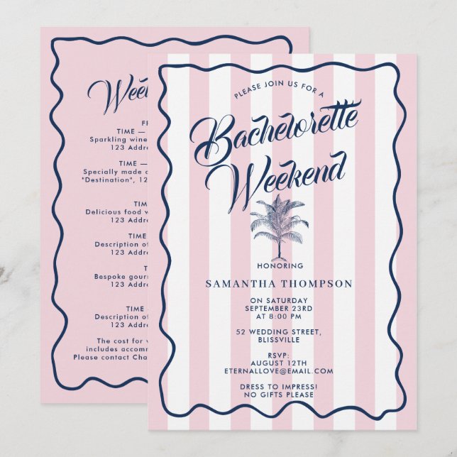 Bachelorette Itinerary Bach Weekend Palm Tree Pink Invitation (Front/Back)