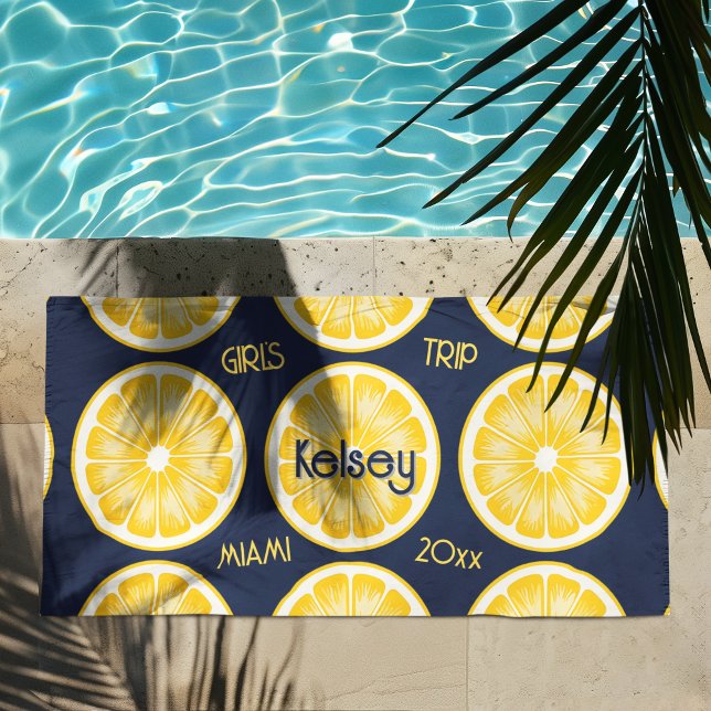 Bachelorette Lemon Slice Navy Yellow Beach Towel (Creator Uploaded)