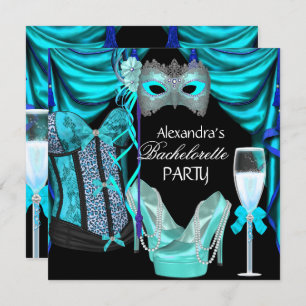 Bachelorette Leopard Blue Masquerade Champagne Invitation