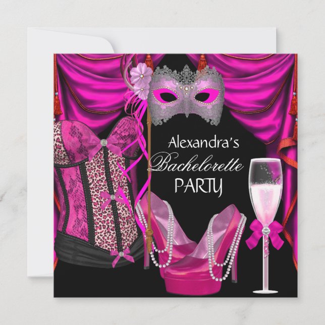Bachelorette Leopard Pink Masquerade Champagne Invitation (Front)
