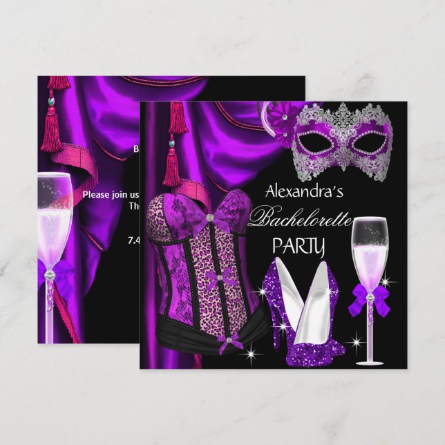 Bachelorette Leopard Purple Masked Champagne Invitation (Front/Back)