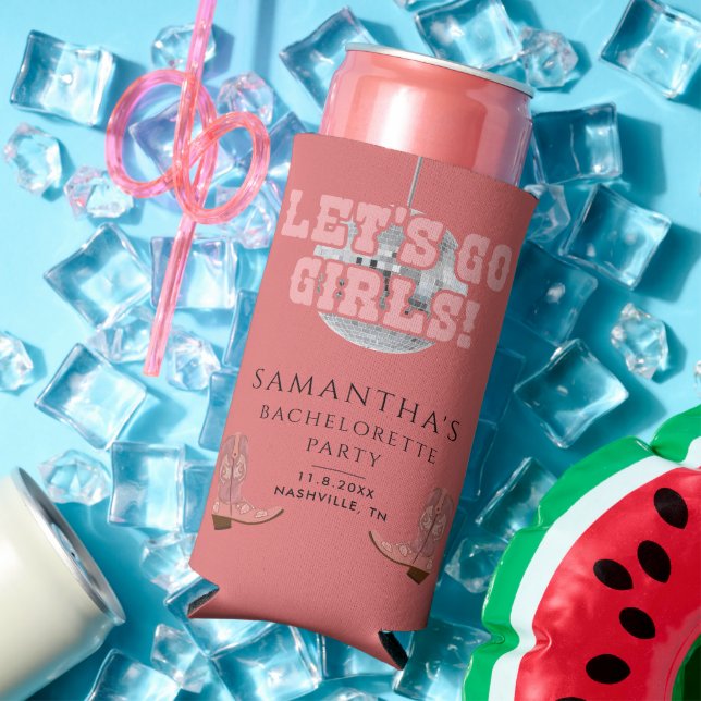 Bachelorette Lets Go Girls Disco Cowgirl Retro Seltzer Can Cooler (In Situ Summer)