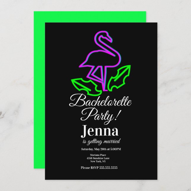 Bachelorette Neon Flamingo Tropical Bridal Shower Invitation (Front/Back)