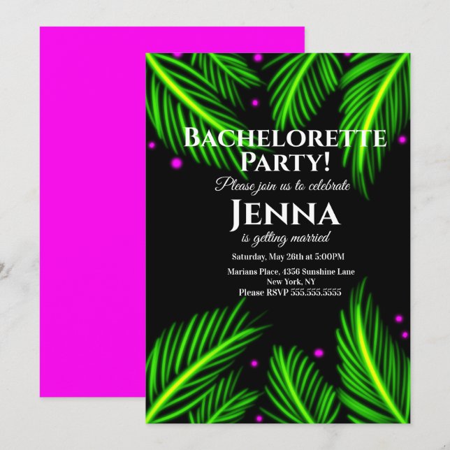 Bachelorette Neon Palm Leaf Tropical Bridal Shower Invitation (Front/Back)