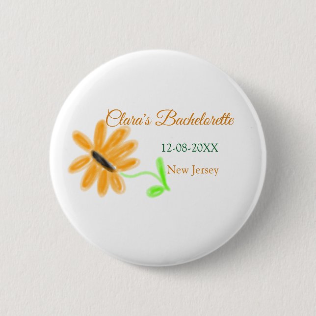 Bachelorette party add name date place sunflower  6 cm round badge (Front)