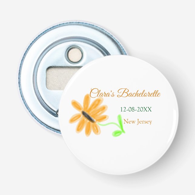 Bachelorette party add name date place sunflower  bottle opener (Front)
