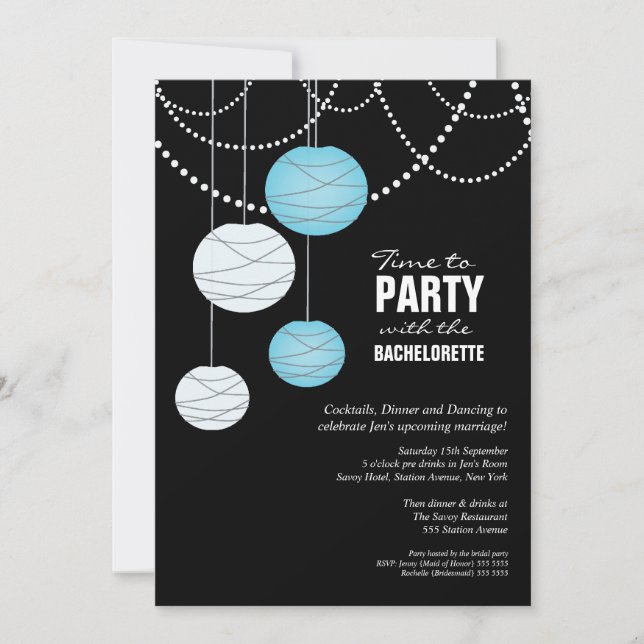 Bachelorette Party Aqua Blue Paper Lanterns Invite (Front)