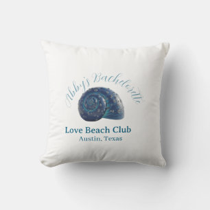 Bachelorette party beach club blue sea shell name cushion
