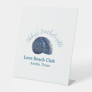 Bachelorette party beach club blue sea shell name pedestal sign