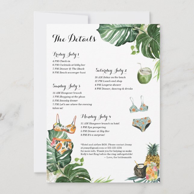 Bachelorette Party Beach Weekend 4 Day Itinerary Invitation (Back)