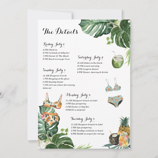 Bachelorette Party Beach Weekend Itinerary Invitation (Back)