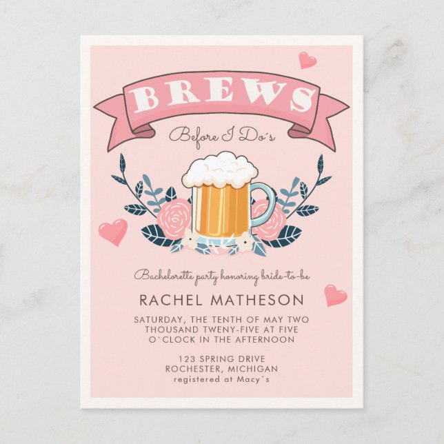 Bachelorette party beer postcard invitation (Front)