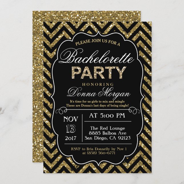 Bachelorette Party Black & Gold Glitter Invitation (Front/Back)