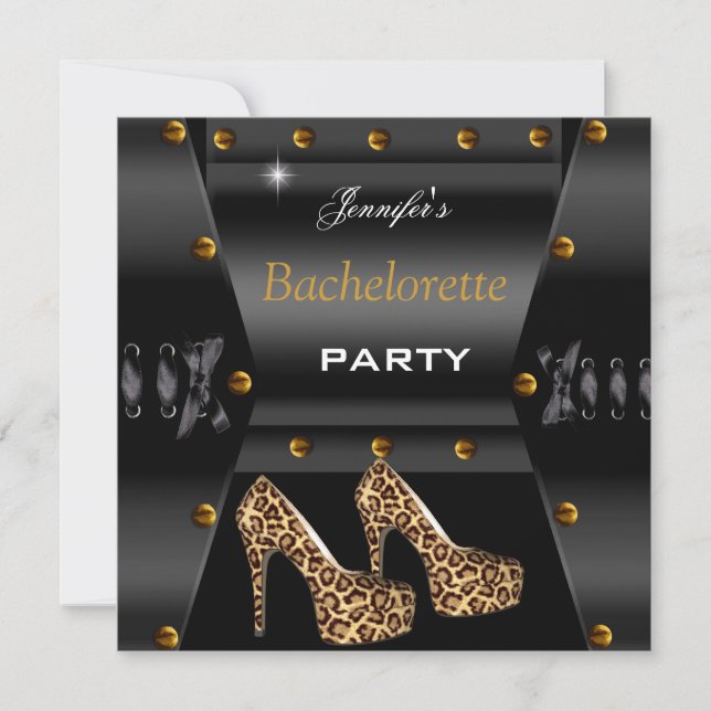 Bachelorette Party Black Leopard Gold Studs Invitation (Front)