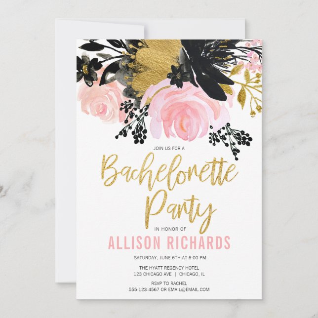 Bachelorette party blush pink black gold floral invitation (Front)