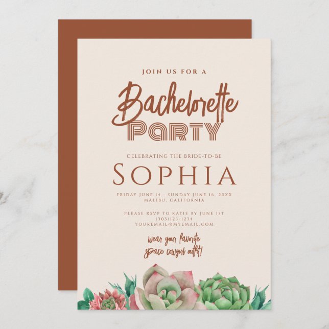 Bachelorette Party BOHO Cactus Terracotta Fall Invitation (Front/Back)