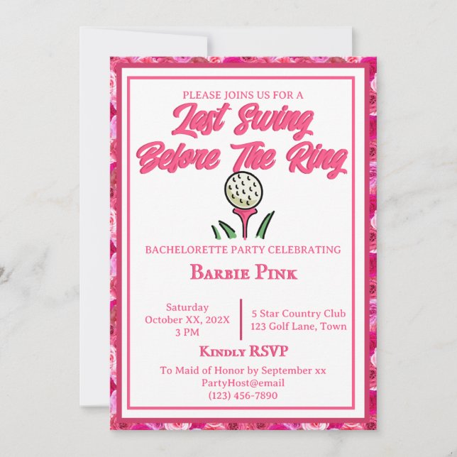 Bachelorette Party Bridal Shower Golf Pink Rose Invitation (Front)