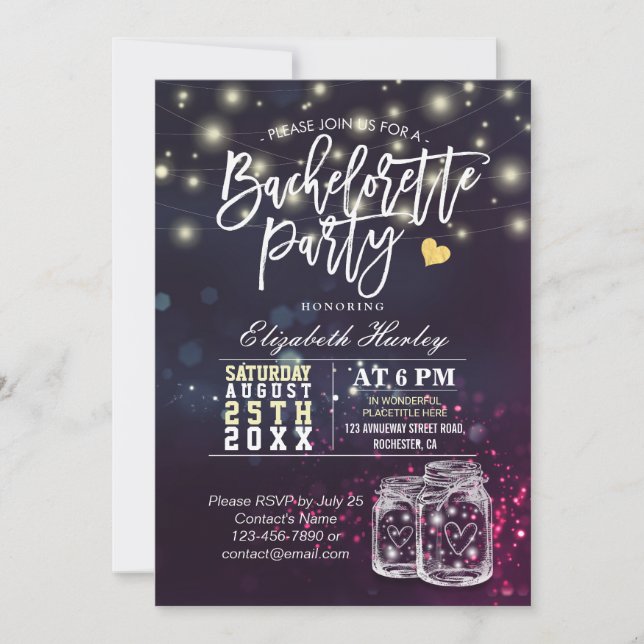Bachelorette Party Bridal Shower Mason Jar Lights Invitation (Front)