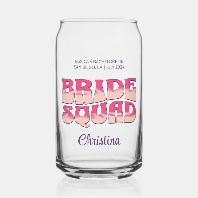 Bachelorette Party Bride Squad Bridesmaid Hot Pink Can Glass (Front)