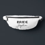 Bachelorette Party Brides Name Black & White Bum Bags<br><div class="desc">A white fanny pack for the bride to be featuring bold black lettering and elegant script. Let's get this bachelorette party started! To edit the text click on the personalise button.</div>
