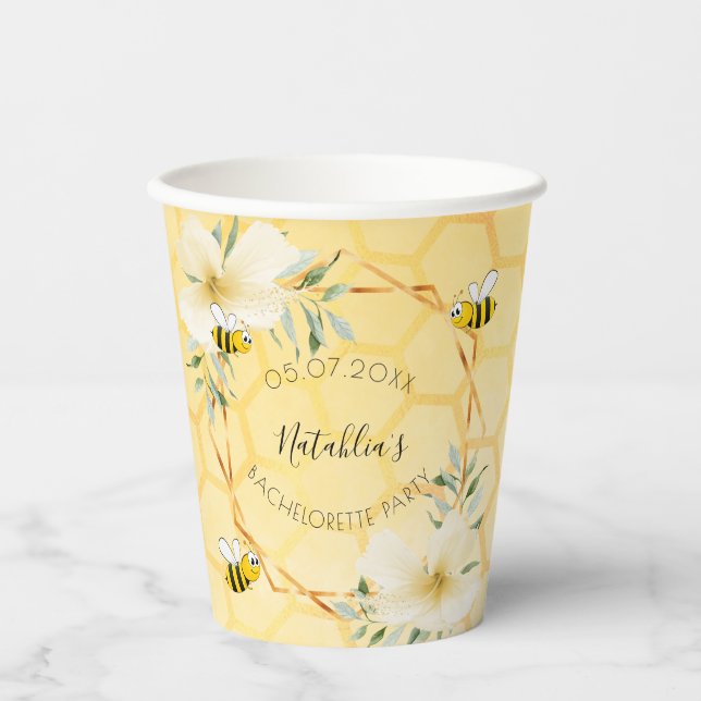 Bachelorette party bumble bees floral yellow paper cups (Front)