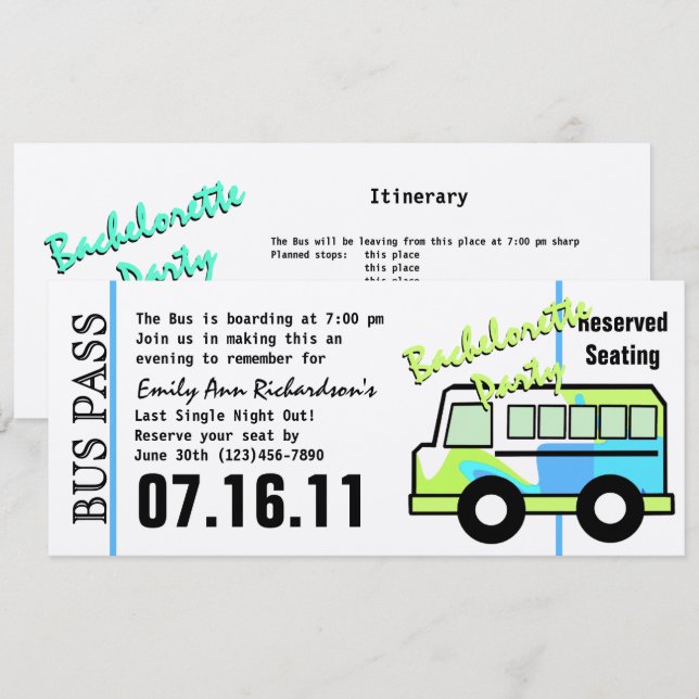 Bachelorette Party Bus Pass Invitation (Front/Back)