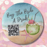 Bachelorette Party Buy Bride A Drink 6 Cm Round Badge<br><div class="desc">Cute Beach Cocktail Bachelorette Party Weekend button with a buy the bride a drink customisable QR code. A cool watercolor beach theme with shades of pink and teal, setting the vibe for a beach escape with the bride and her besties. From trips to Florida, California, or even something more international...</div>