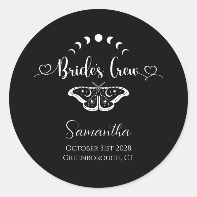 Bachelorette party celestial gothic personalised classic round sticker (Front)