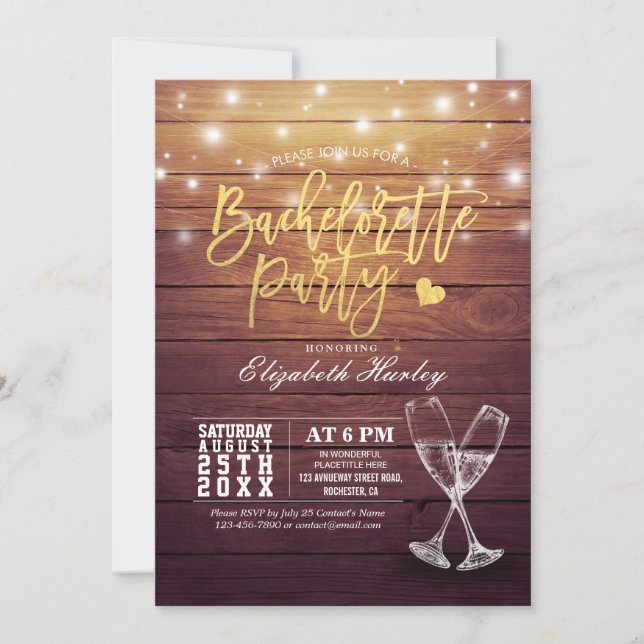 Bachelorette Party Champagne Glasses Wood Lights Invitation (Front)