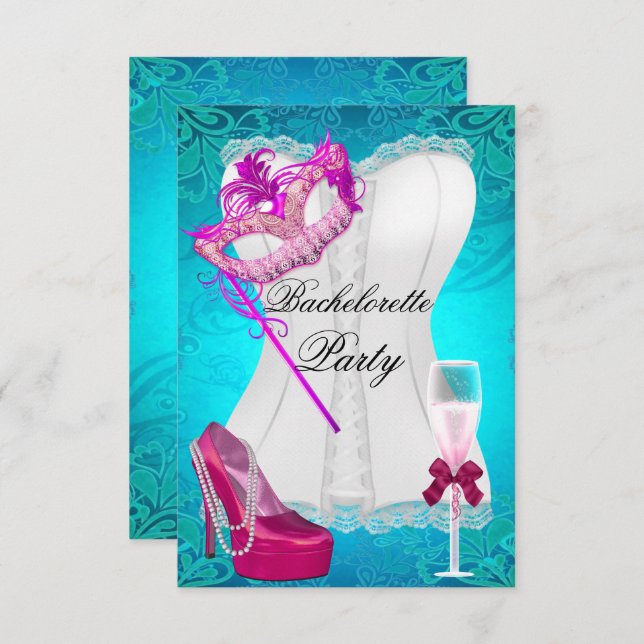 Bachelorette Party Corset Teal Pink Shoes mask Invitation (Front/Back)