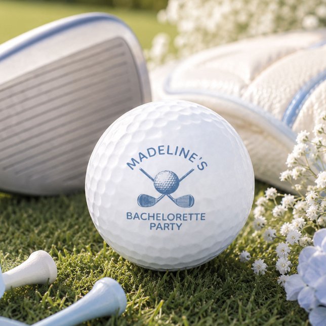 Bachelorette Party Custom Coastal Bride Golf Favou Balls (Ocean blue personalized golf ball with custom bachelorette party name and crossed golf clubs.
)